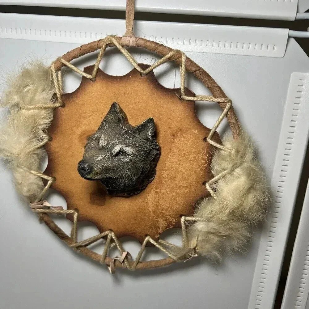 Handmade Leather Dream Catcher With Wolf And Fur